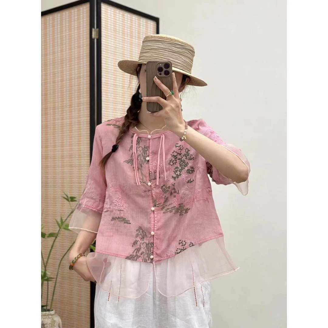 复古苎麻刺绣内里包边珠扣衬衫女夏新款文艺国风新中式百搭衬衣