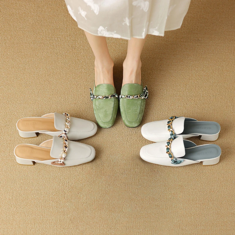 阿么手工女鞋真皮穆勒半拖夏2025新款百搭气质时尚丝带法式3.5CM