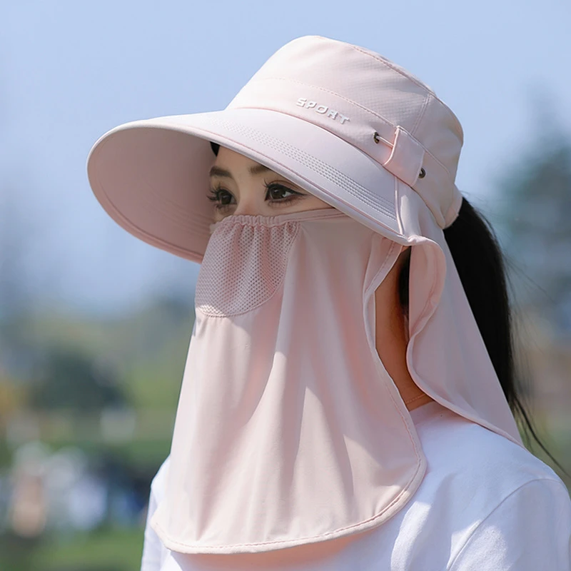 遮阳帽女防晒面罩帽子一体护颈骑车吹不翻太阳帽干农活遮脸采茶帽