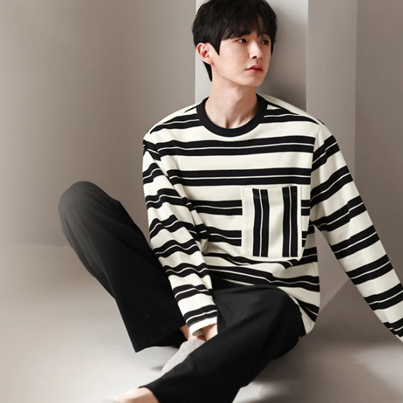 男士睡衣春秋款长袖纯棉男款秋季条纹款可外穿大码家居服休闲套装