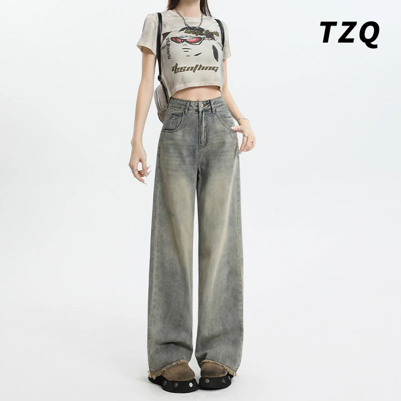 0104【金拐子专属】复古水洗做旧阔腿女2025高腰宽松直筒毛边拖地裤