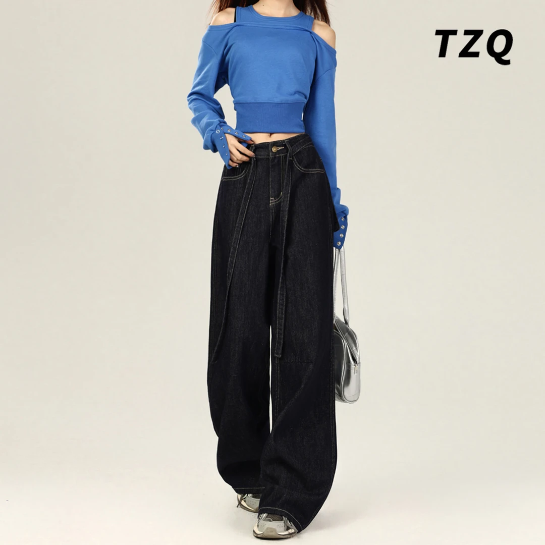 抽绳立体后袋阔腿牛仔裤女秋冬款慵懒风高腰显瘦拖地裤 TZQ110503