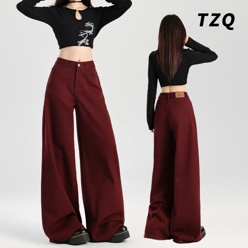 安哥拉红直筒牛仔裤女2025春季新款高腰宽松显瘦阔腿裤TZQ91013