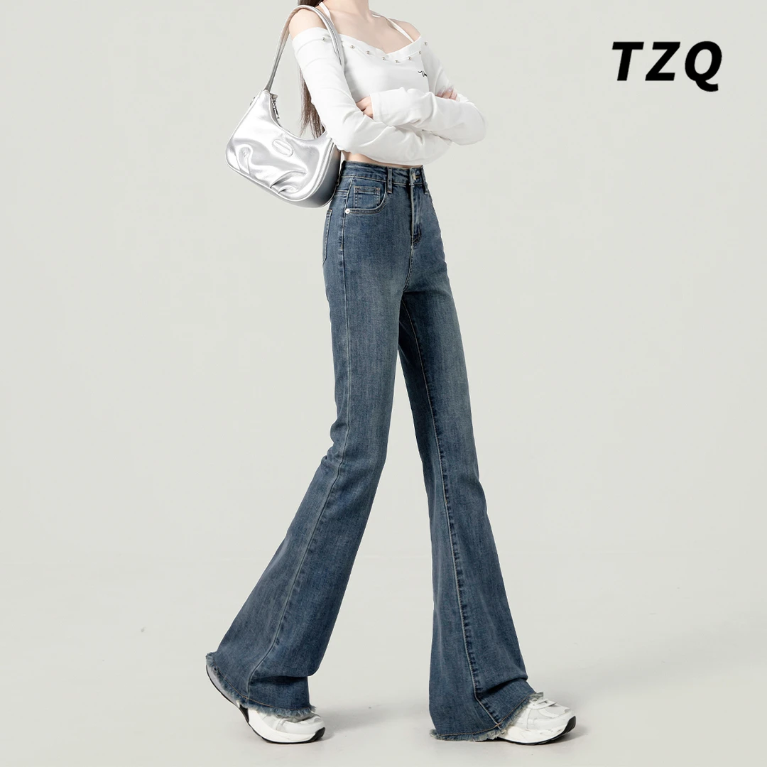 2025辣妹美式低腰百搭显瘦微喇毛边牛仔裤女时尚拖地裤TZQ110804