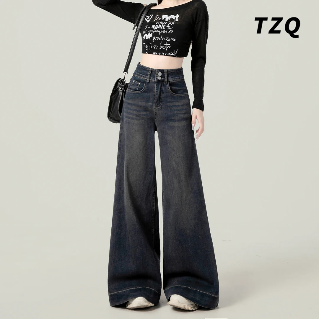 美式复古高腰阔腿牛仔裤女2025春季新款宽松显瘦垂感裤子TZQ81034
