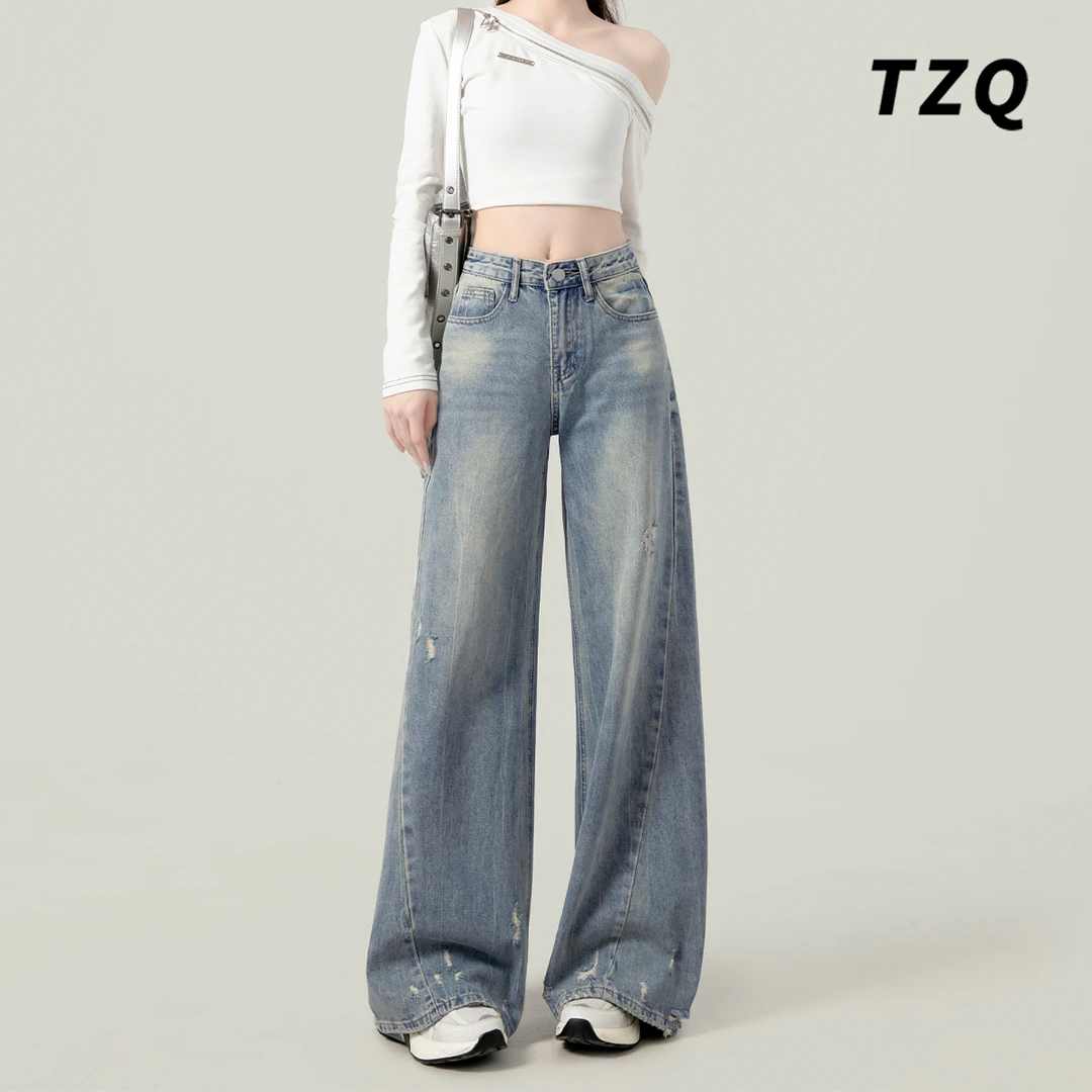 1118【金拐子专属】美式高腰显瘦阔腿拖地裤女宽松破洞直筒牛仔裤