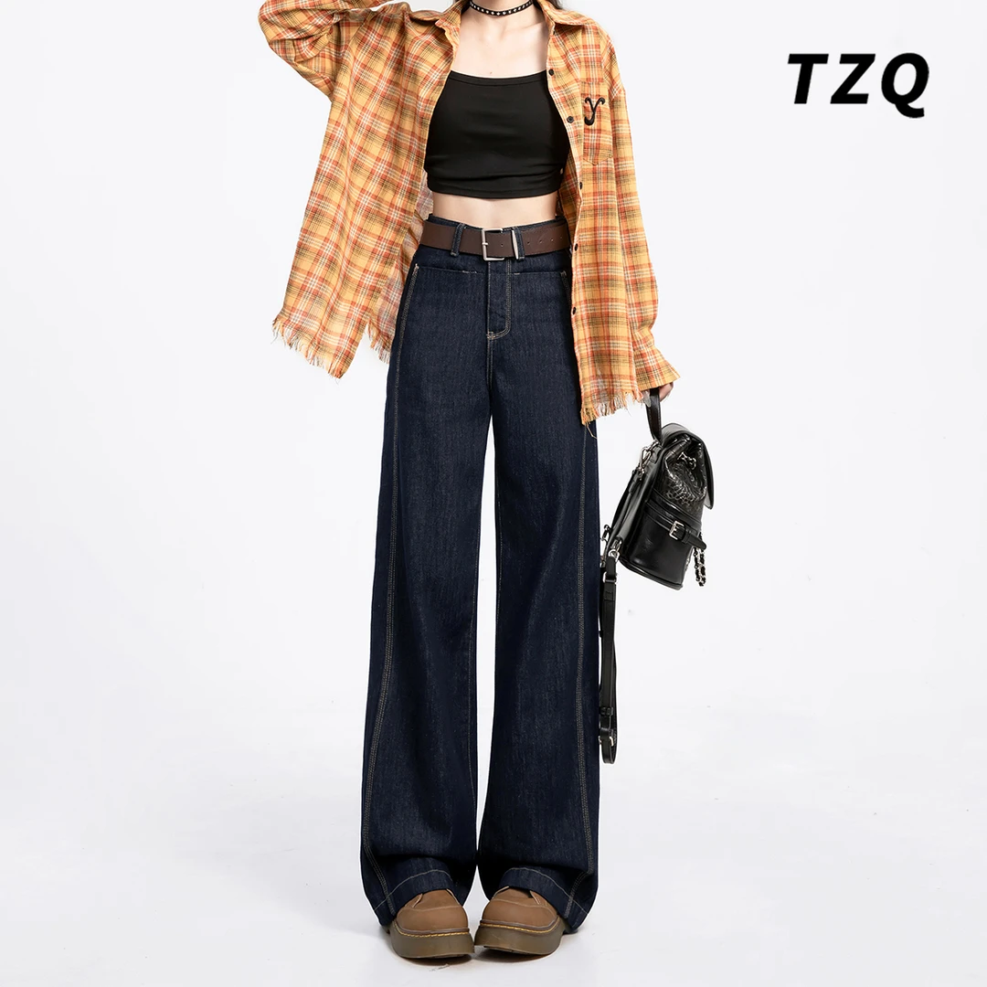 丹宁蓝阔腿牛仔裤女2024秋款直筒时尚高腰宽松显瘦百搭裤TZQ80967