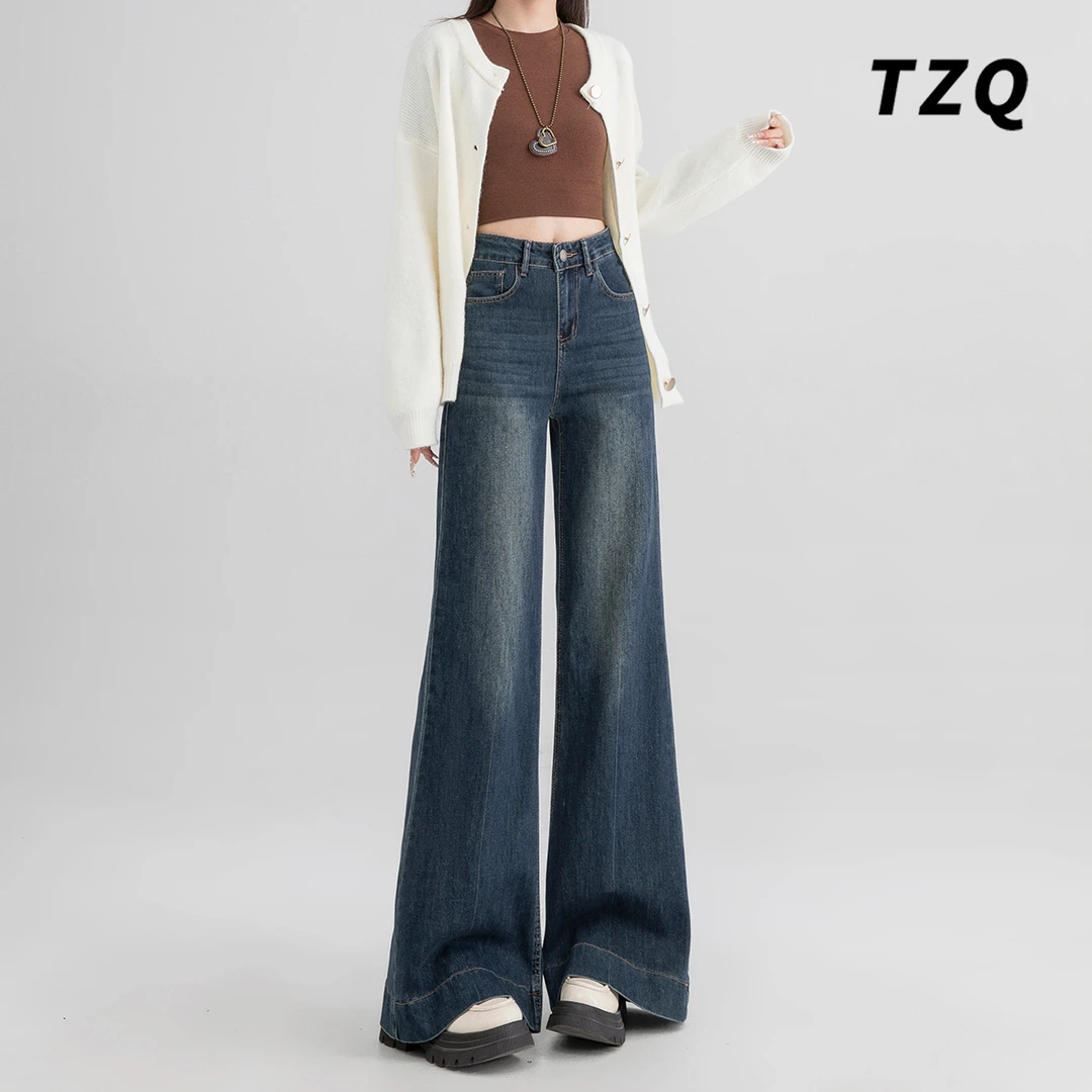 复古蓝喇叭牛仔裤女2025秋季新款高腰百搭小个子不贴腿微喇长裤子