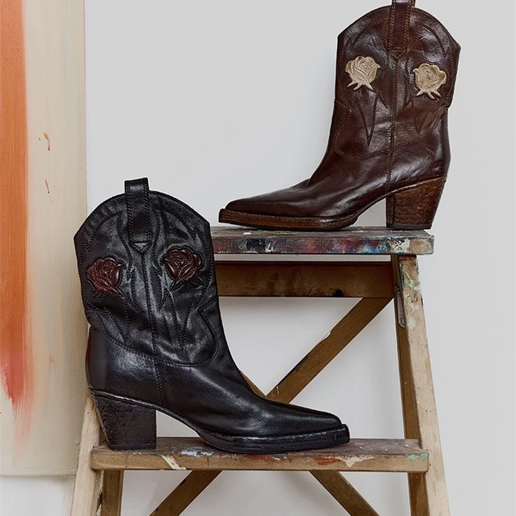 GLAS 设计师原创 冬季新款 旷野玫瑰热摔马皮西部短靴