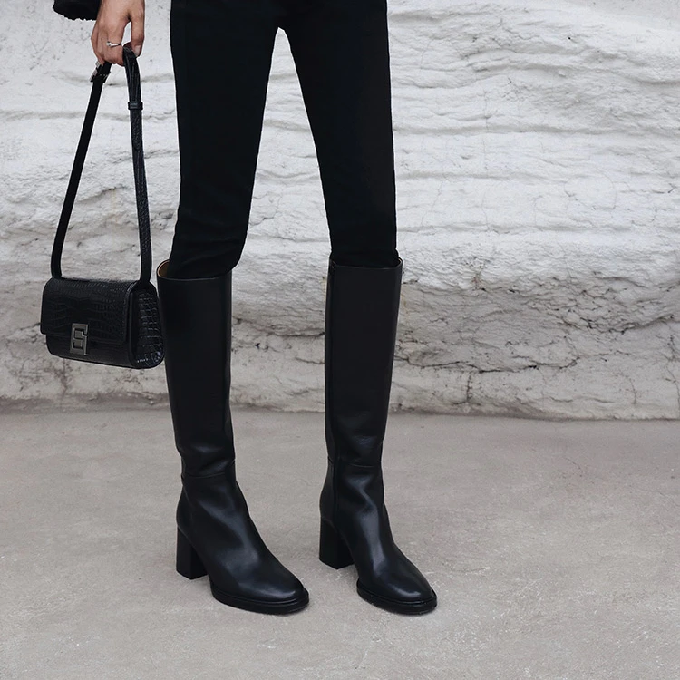 IORE理想矿石设计师原创 极简百搭牛皮粗跟高跟及膝靴不过膝长靴