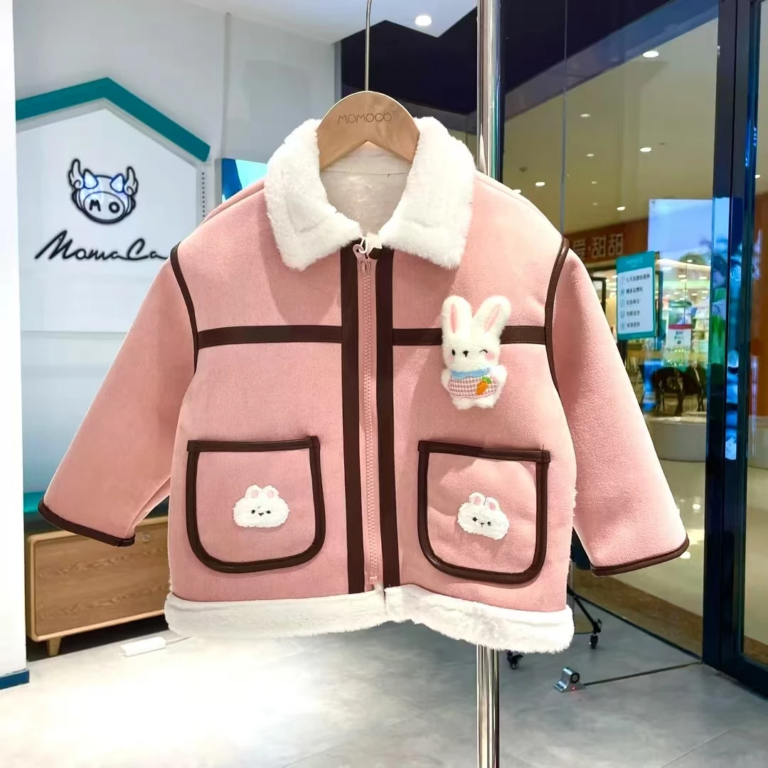 MOMOCO冬季新款女童韩版休闲可爱小兔子口袋呢子外套75830107056