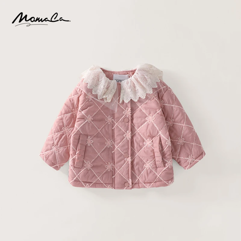MOMOCO冬季新款女童甜美花边领格子洋气棉服75830101011