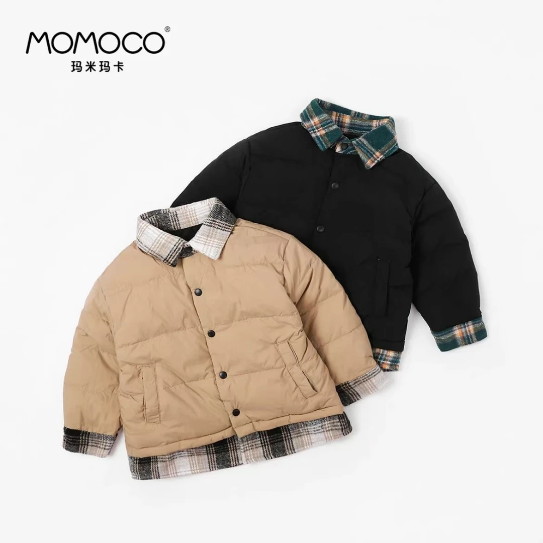 MOMOCO秋冬儿童轻薄90白鸭绒拼接格子立领羽绒服75430102020&3005