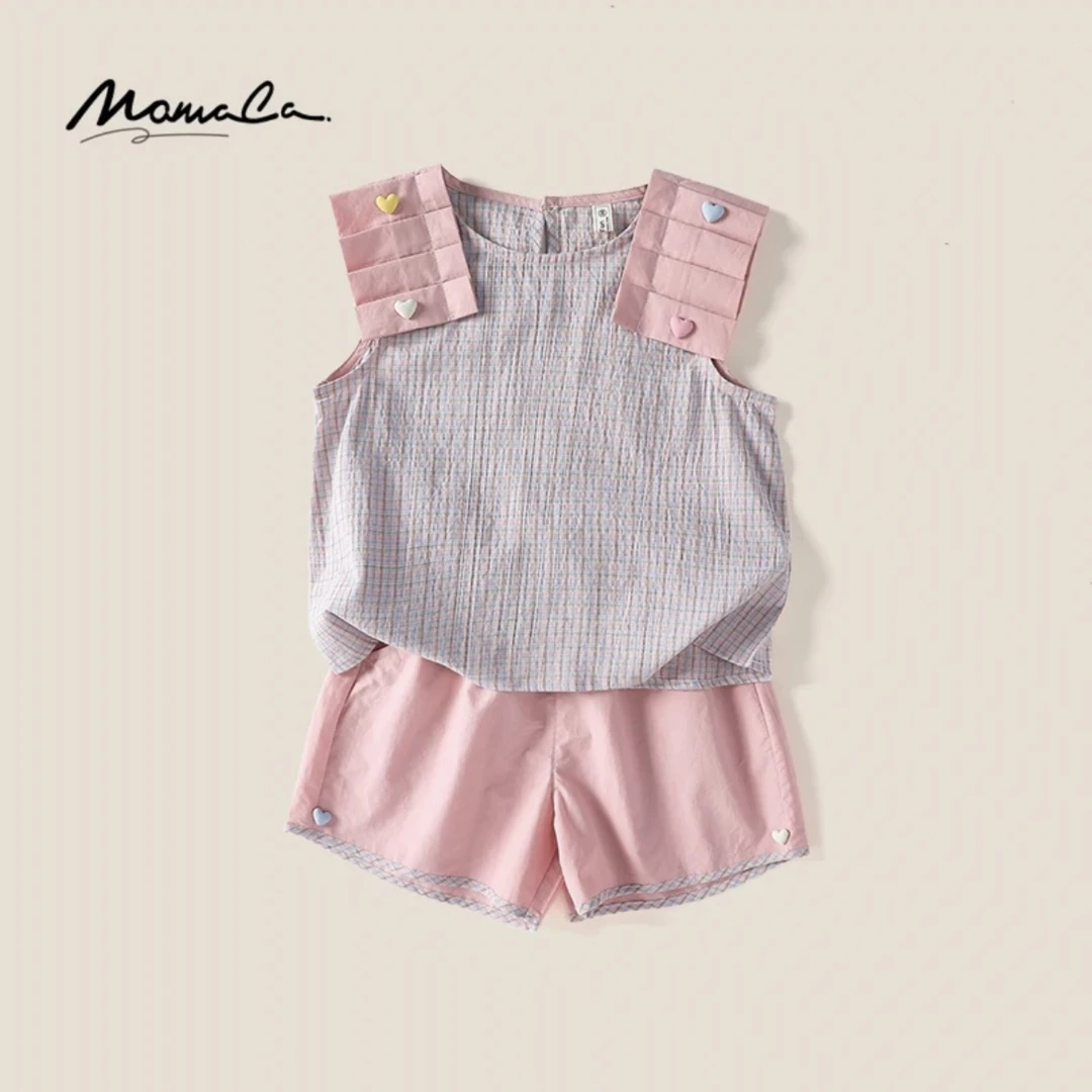 MOMOCO女童夏季韩版小爱心格子两件套装75630578022