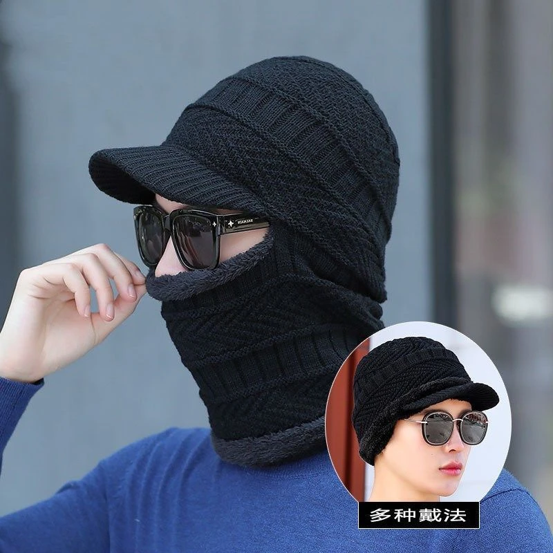 护耳帽子男冬天加绒毛线帽围脖一体加厚骑行帽秋冬男帽护颈连体帽