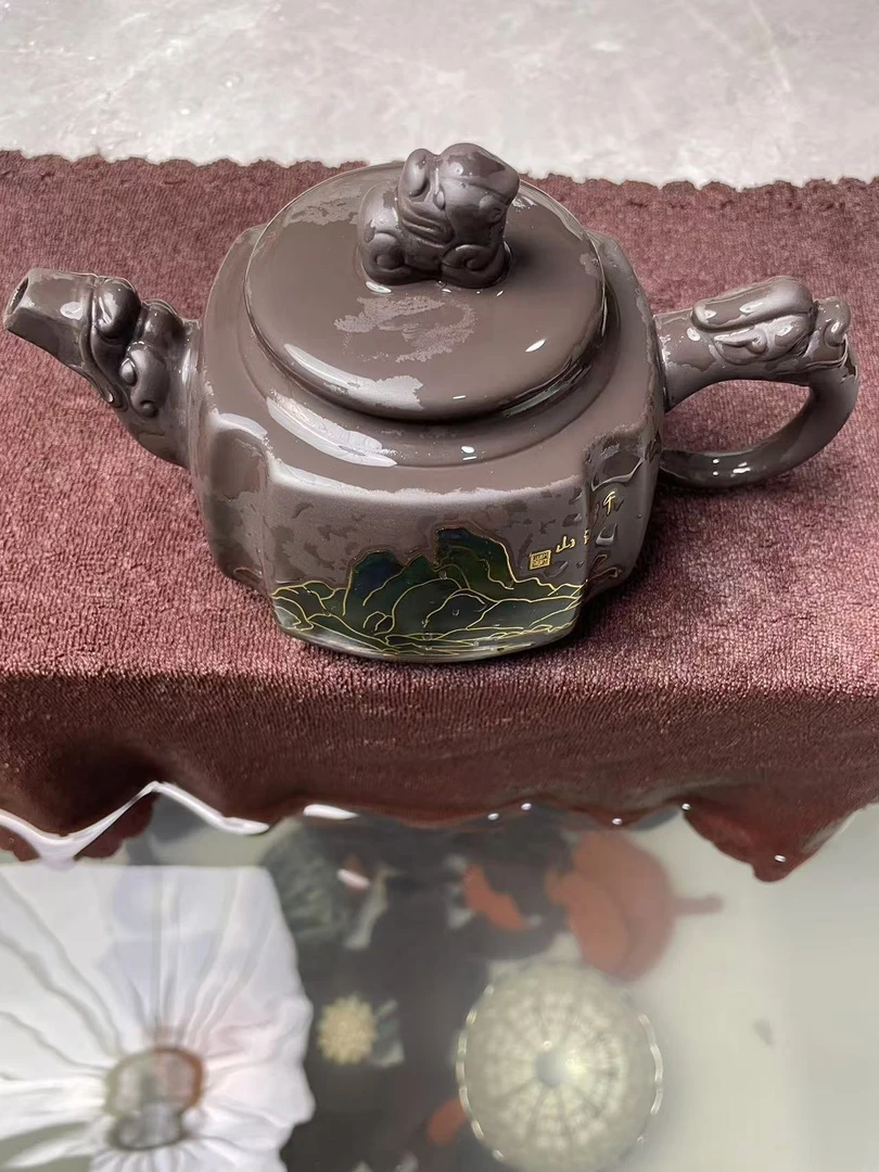 【闪购商品】 原矿紫泥   变色四方樽千里江山   凤鸣紫砂壶