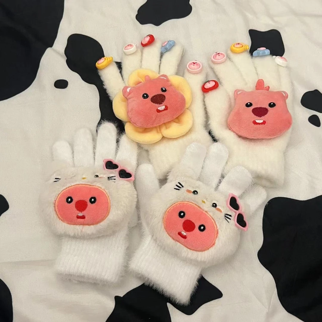 【旺旺】小海狸卡通手套秋冬保暖学生骑车韩版毛绒暖和情侣加厚手套