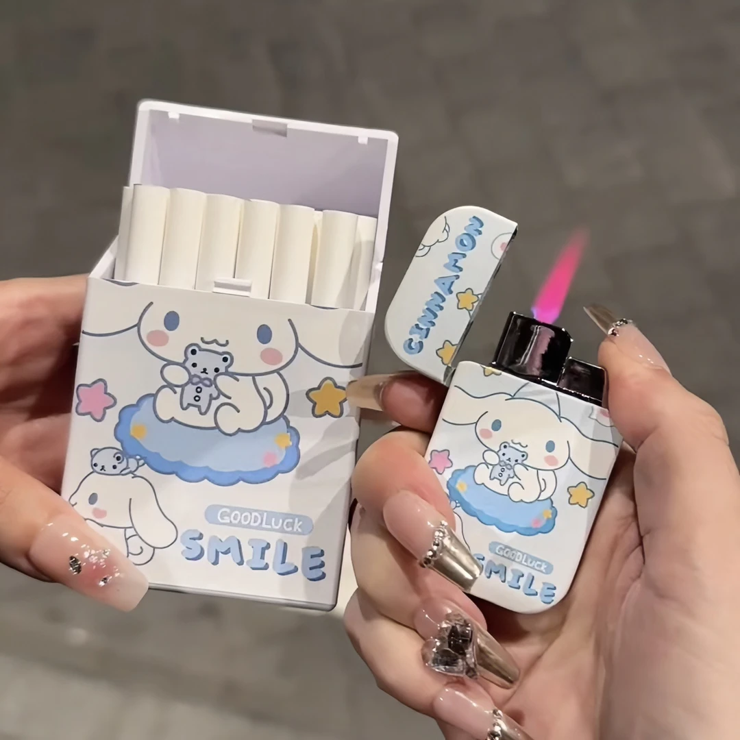 卡通可爱玉桂狗烟盒火机一体套装粉火防风库洛米KT猫创意少女礼物