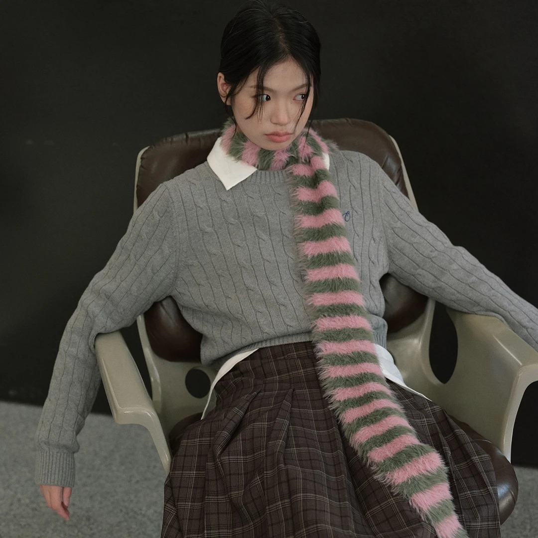 《BP女团风》长毛仿貂冬季小众千禧年复古条纹针织保暖柔软毛线围脖