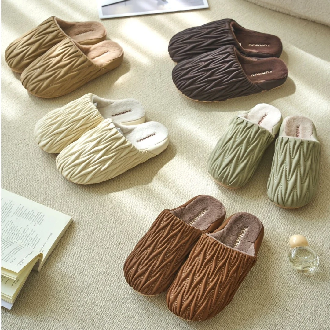 女士棉拖鞋美拉德褶皱男士冬季室内家居保暖加绒防滑防水