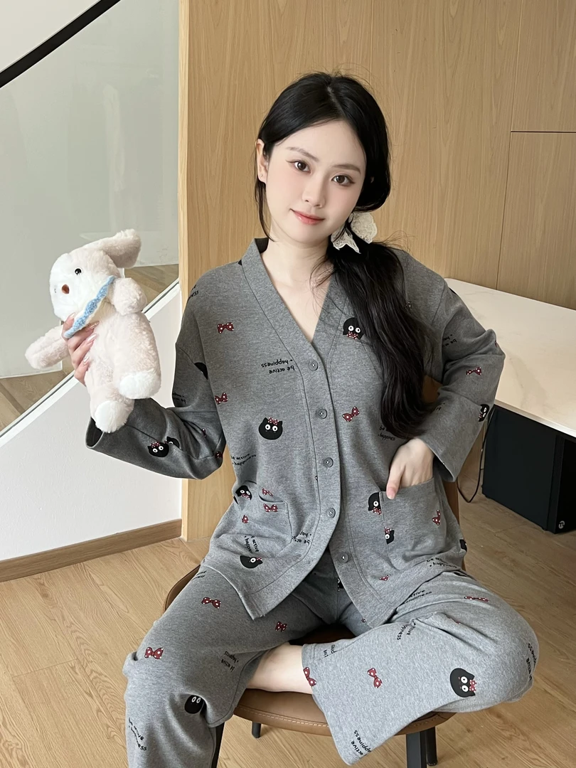 2025新款纯棉带胸垫开衫睡衣女士秋冬大码长袖长裤家居服套装