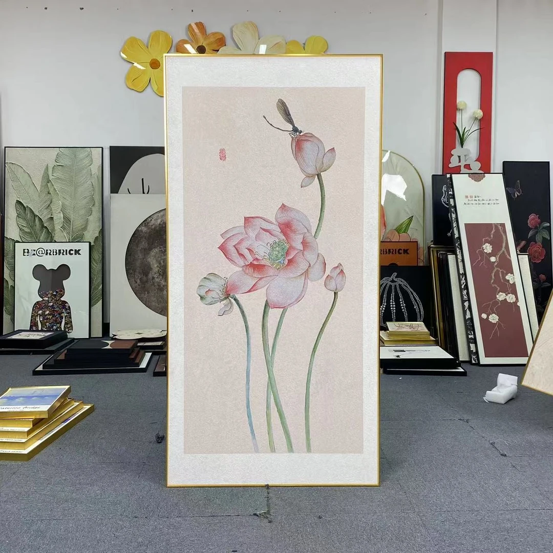 好运连连莲花客厅装饰画新中式砂岩入户玄关花卉挂画荷花80160