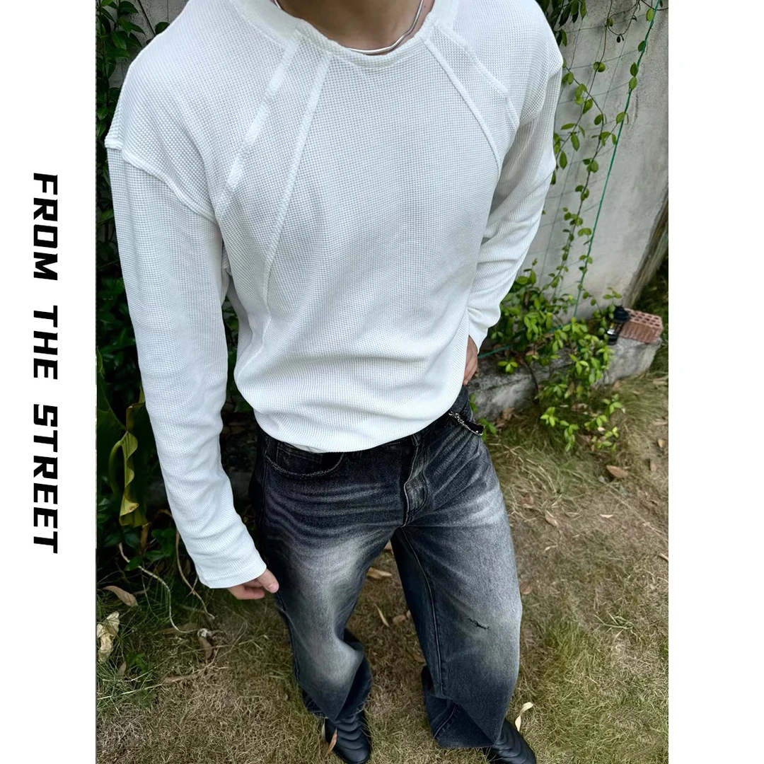 TWOMOONS两个月亮解构华夫格打底长袖T恤短宽版型cleanfit圆领潮