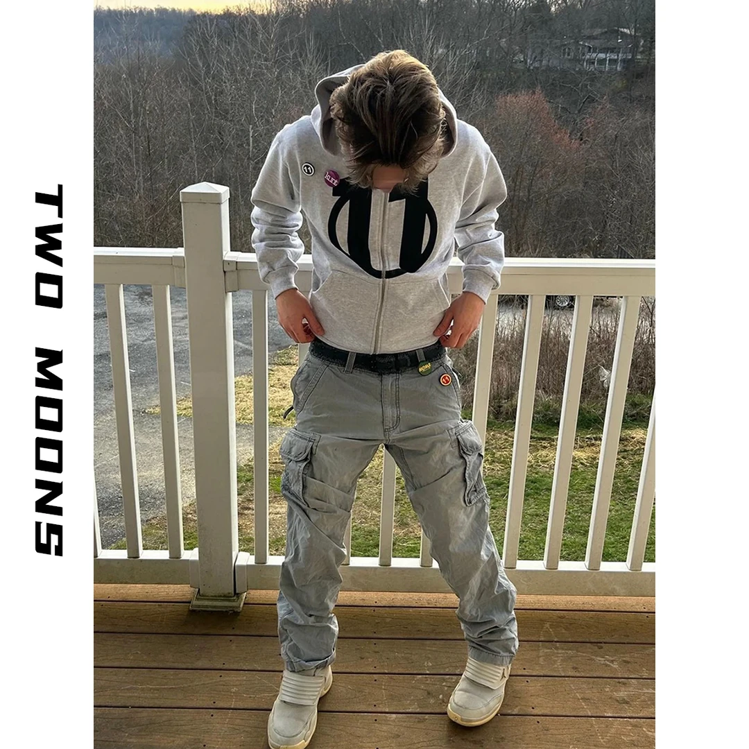 两个月亮480G重磅短宽印花加绒拉链连帽开衫卫衣外套男女cleanfit