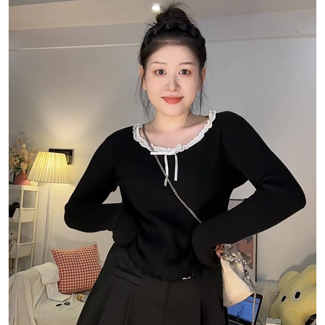 【胖贝贝】秋季新款微胖大码显瘦遮肉甜辣设计感针织毛衣打底衫