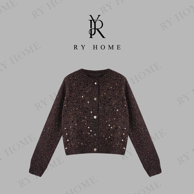 【容雨RYHOME】绵羊毛~时尚短款亮片开衫毛衣243M2718