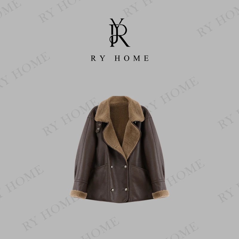【容雨RYHOME】100绵羊毛＋生态皮摩卡复古双面穿中长款外套W1639