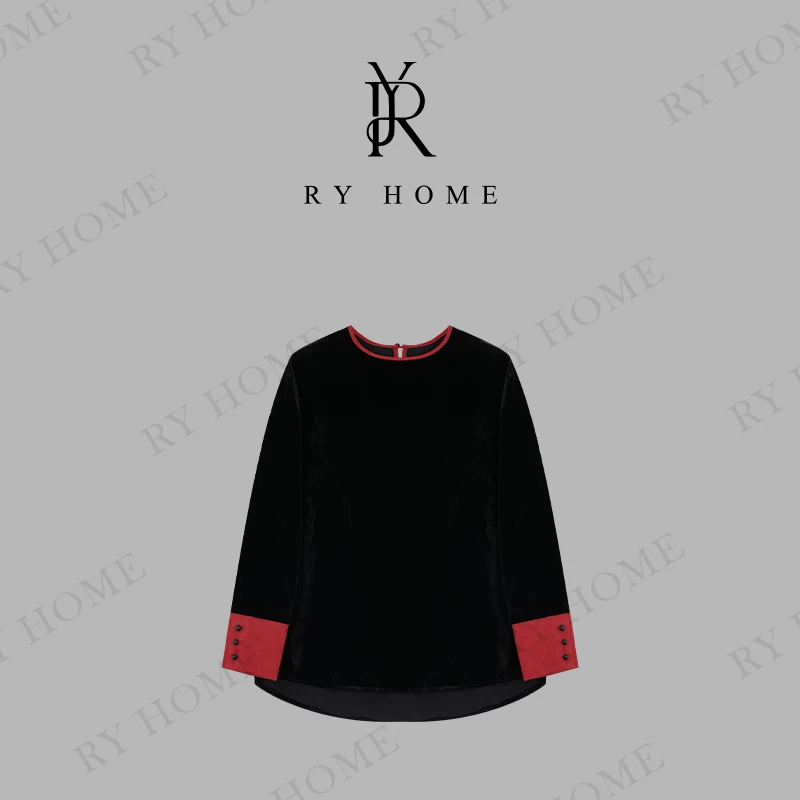 【容雨RYHOME】桑蚕丝珍珠绸底丝绒新中式圆领撞色衬衫234T1836