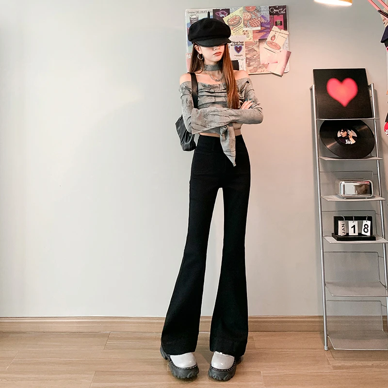 秋冬新款微喇裤显瘦弹力设计感马蹄裤高腰修身时尚黑色牛仔裤女