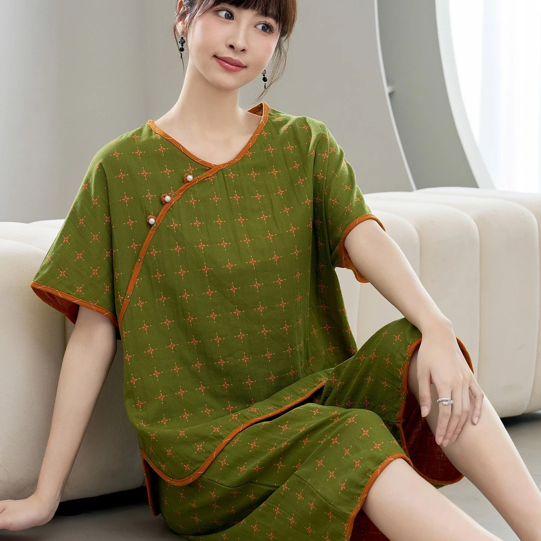 国风睡衣女士短袖七分裤家居服套装