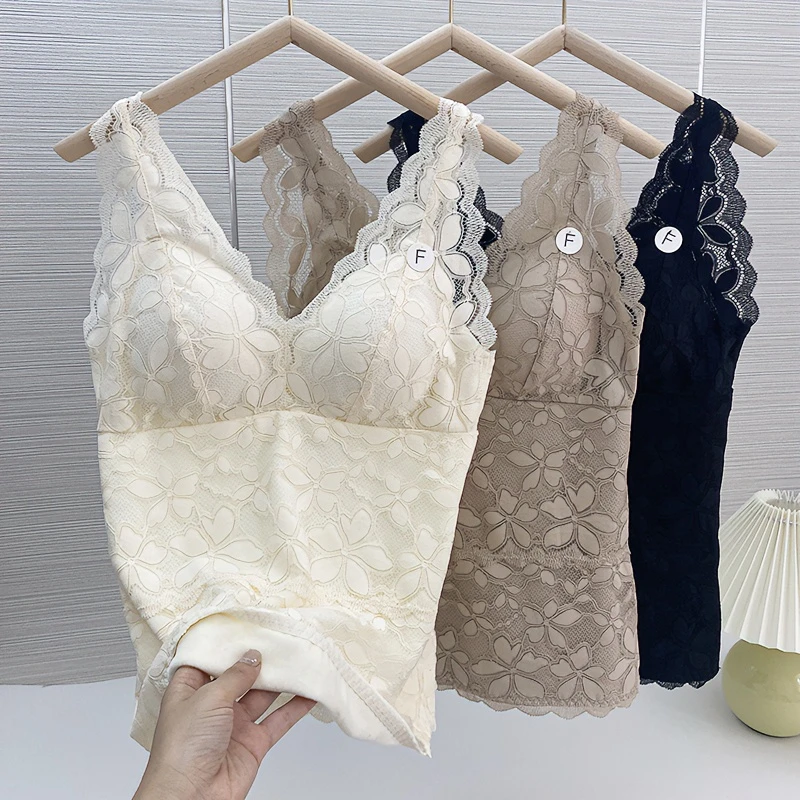 蕾丝冬季保暖背心女带胸垫固定一体杯加厚加绒吊带内搭打底内衣