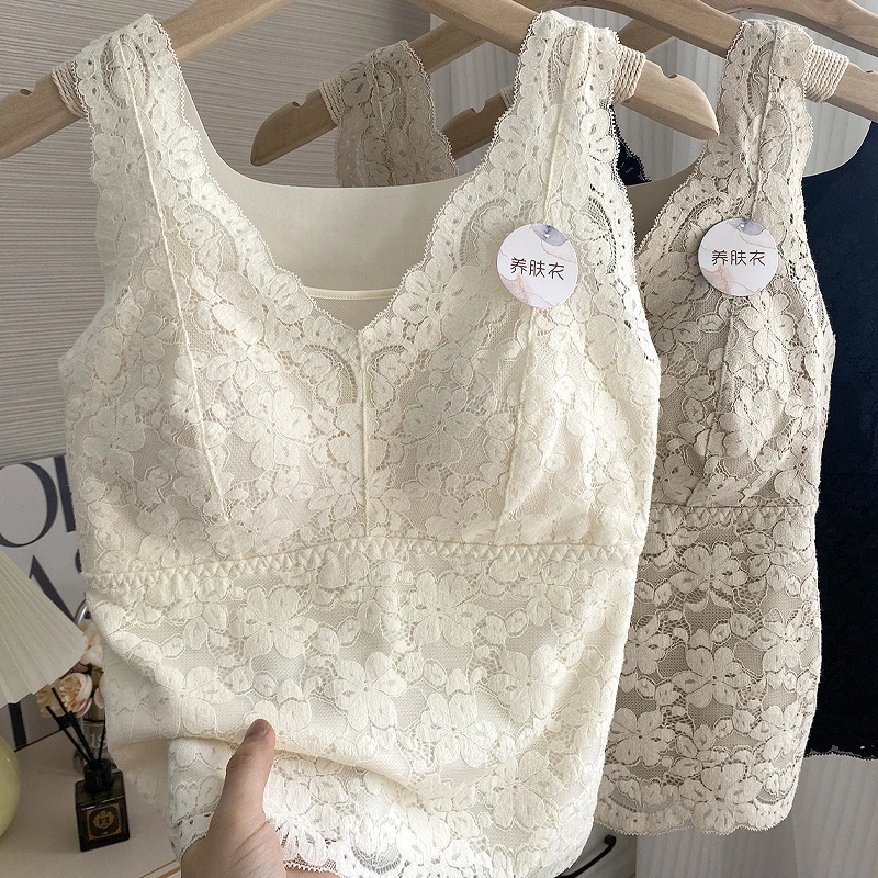 带胸垫保暖吊带背心女秋冬内搭纯欲蕾丝磨毛美背内衣修身打底上衣
