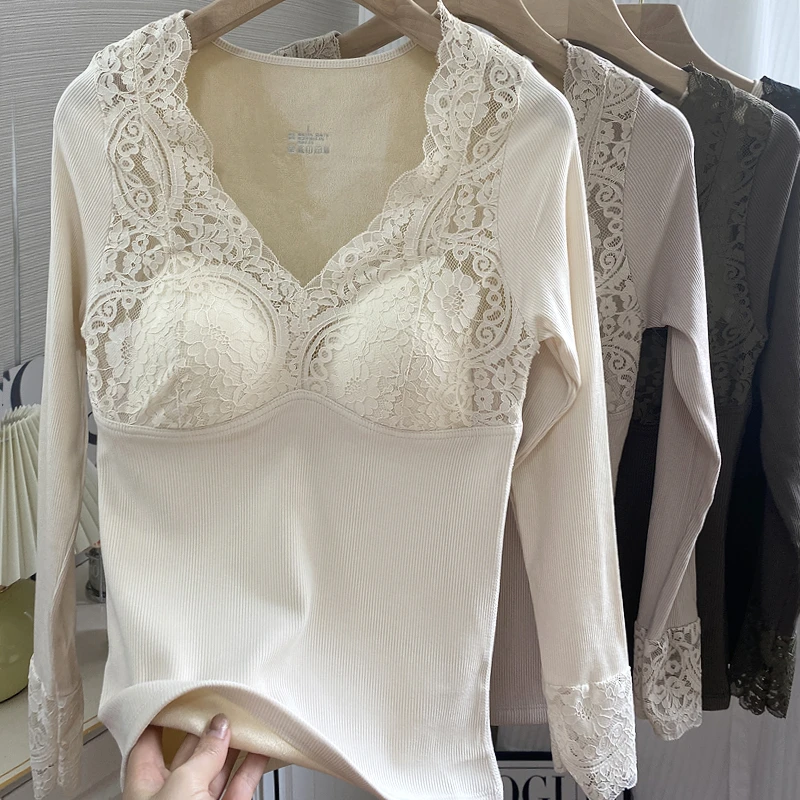 蕾丝V领加绒加厚保暖上衣女冬季内搭带胸垫一体式内衣长袖打底衫