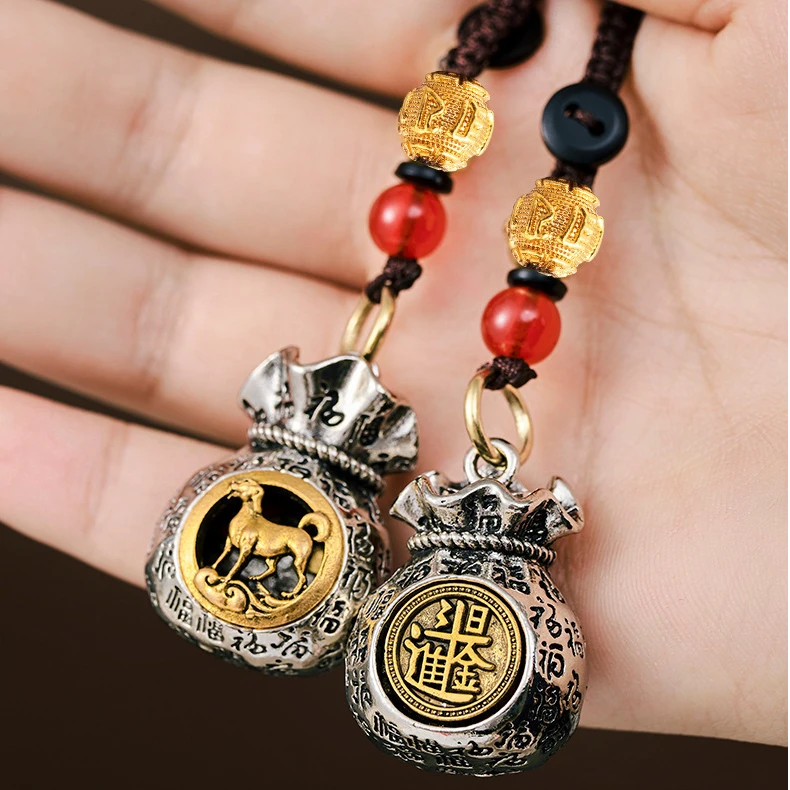 十二生肖日进斗金百福钱袋子可旋转钥匙扣生肖复古钥匙扣挂件11