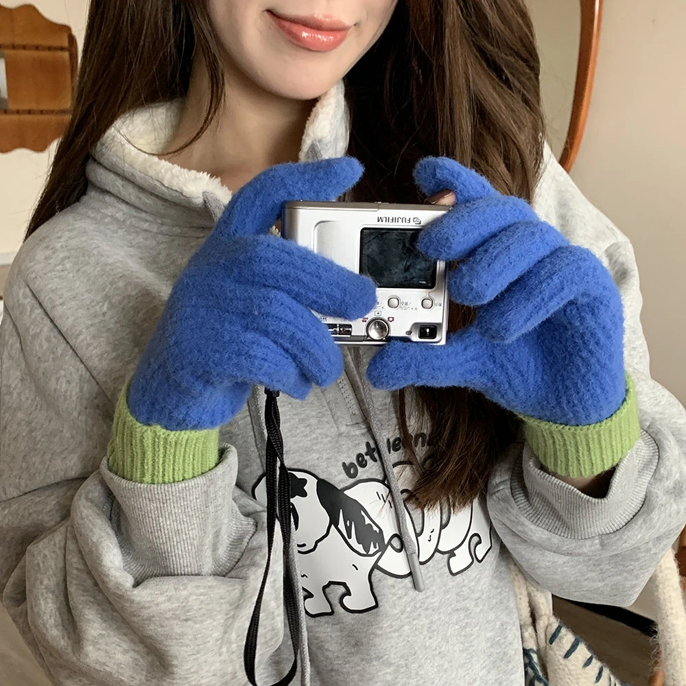 ins风秋冬露指可触屏手套女保暖拼色毛线分指针织手套