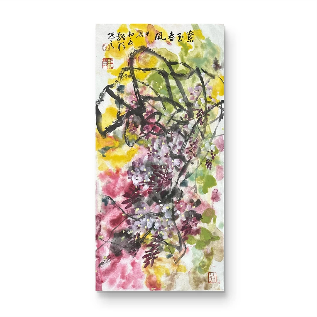 原创国画手绘画69x35 泼彩春夏秋冬精美书画欣赏作品美术装饰实物