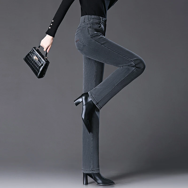 新款直筒牛仔裤女高腰显瘦弹力修身百搭烟灰色长裤子春秋款妈妈裤