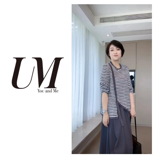 【U.M】条纹不规则T恤宽松长袖
