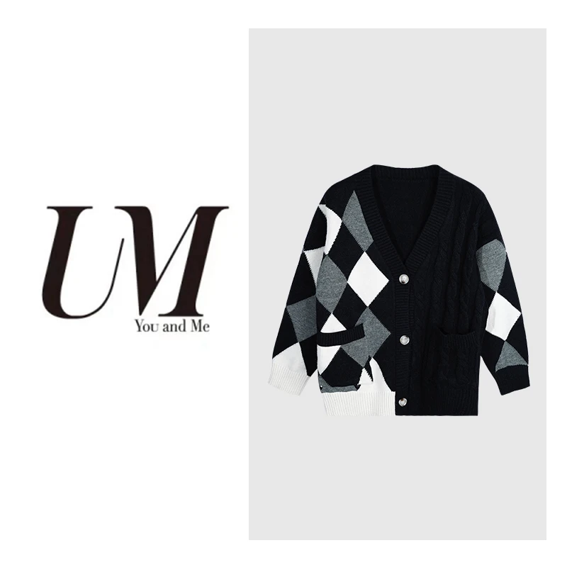 【U.M】棋盘格拼接开衫气质宽松菱形