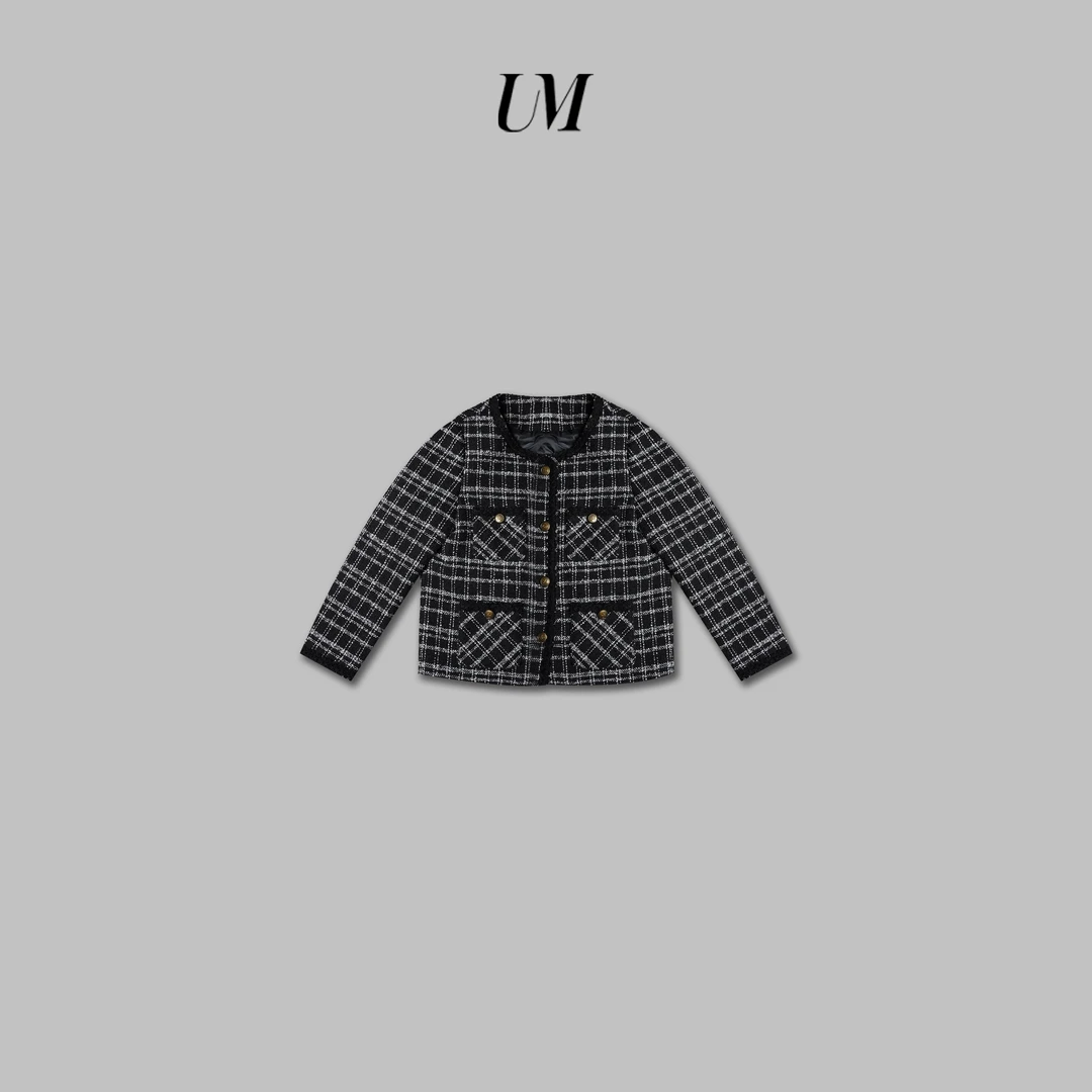 【U.M】千金玛德琳小香风黑白格子款长袖羽绒外套