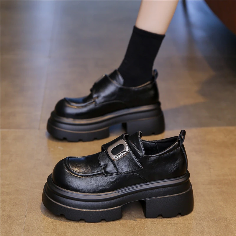 厚底学院风乐福鞋小个子增高7cm小皮鞋女鞋复古魔术贴松糕单鞋jk