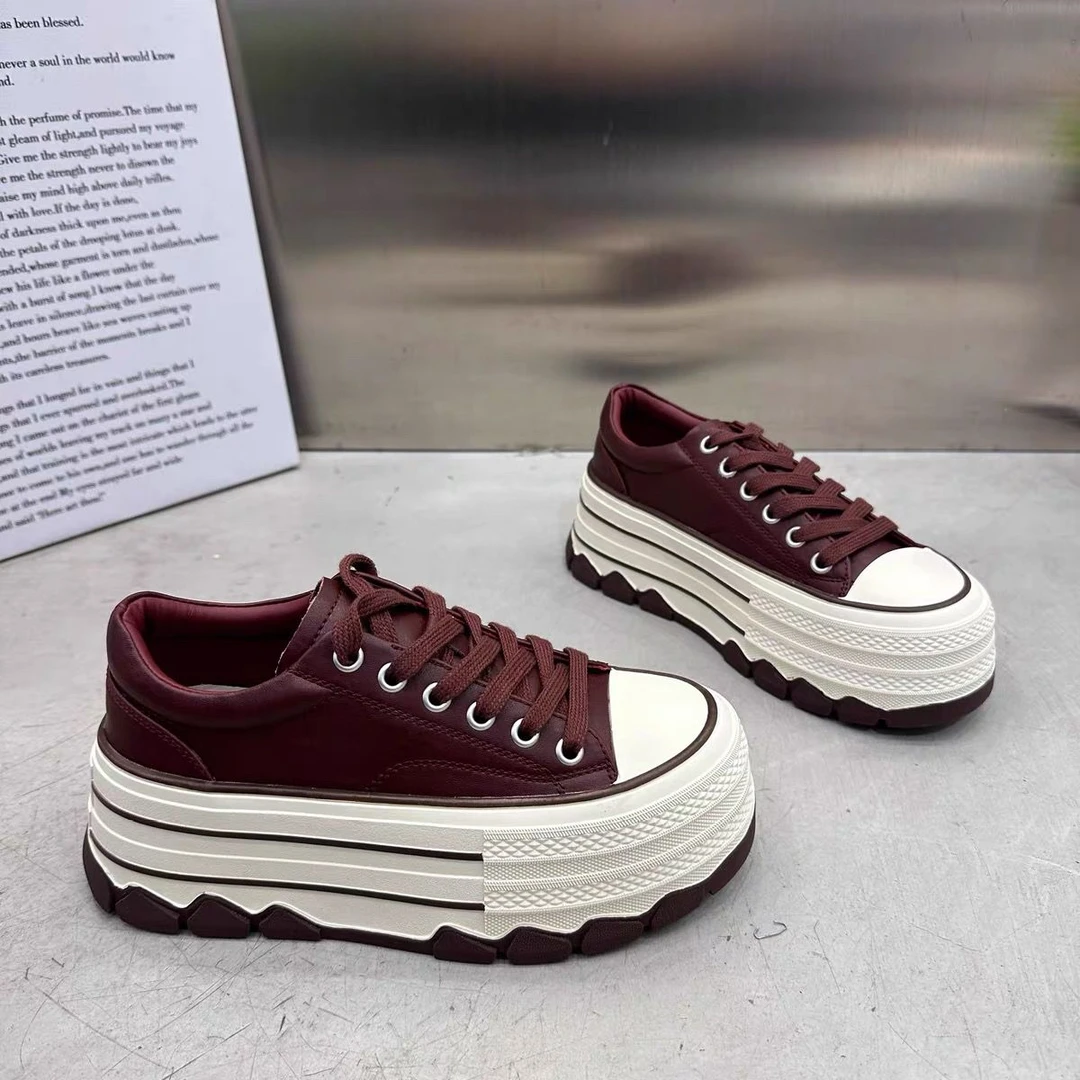 休闲松糕板鞋厚底小白鞋女秋季系带小个子6cm松糕鞋休闲增高板鞋