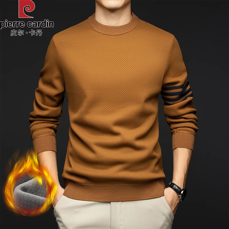 皮尔卡丹男士冬季加绒加厚宽松休闲针织上衣服春秋新款潮牌打底衫
