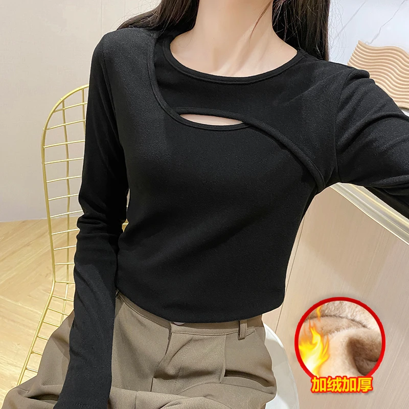德绒保暖黑色打底衫女秋冬设计感2024年修身长袖t恤加绒内搭上衣