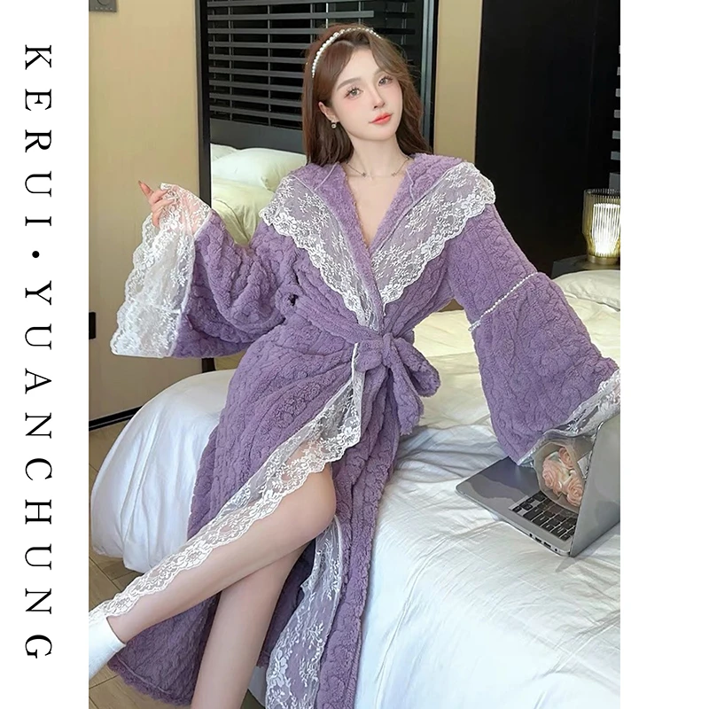 【绝绝紫】加厚绒长袍秋冬睡裙女家居服套装可外穿