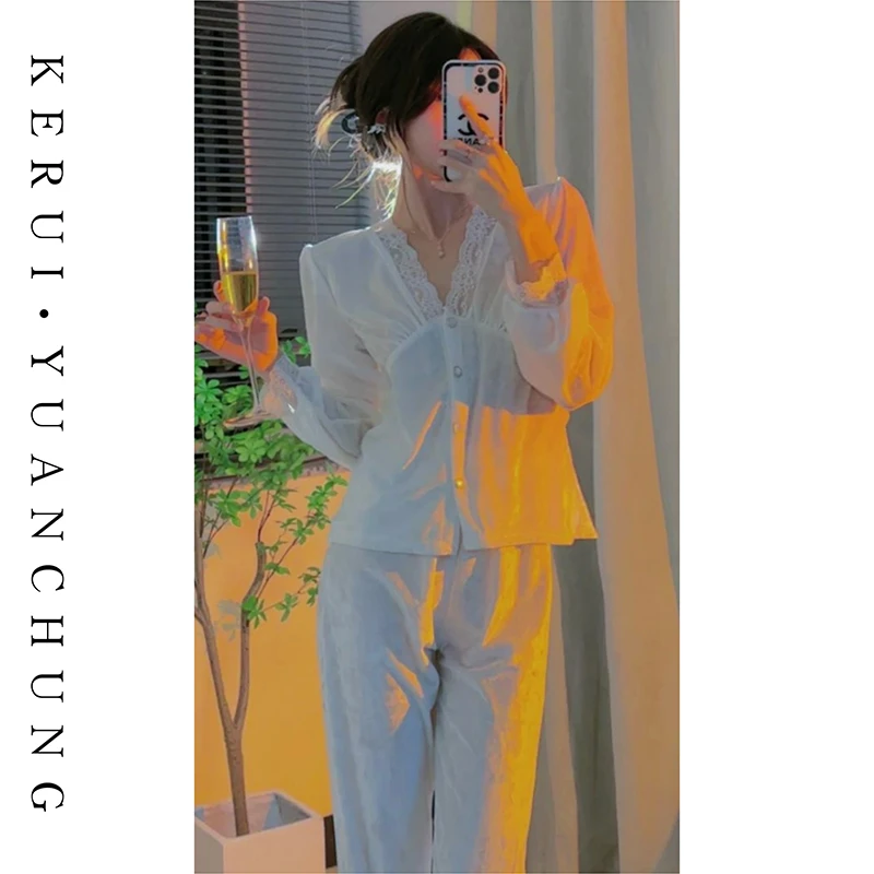 【白芷玉露】慕斯绒睡衣女家居服套装秋冬加绒加厚保暖